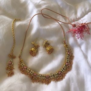 Pink and Gold Indian Jewelry Set includes necklace, earrings, tikka